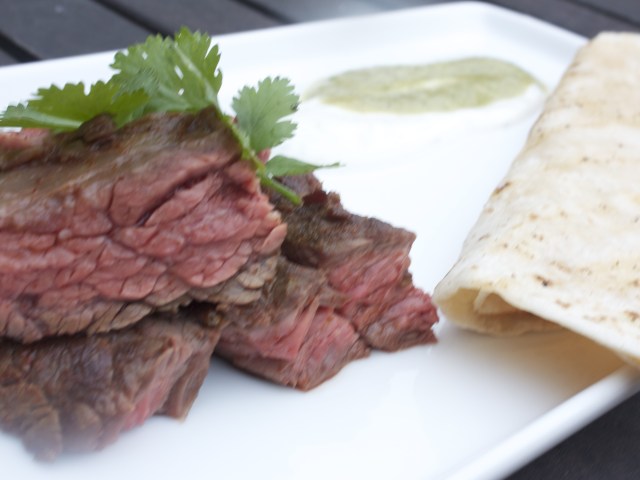 Skirt Steak with Tomatillo Salsa and Creme Fraiche