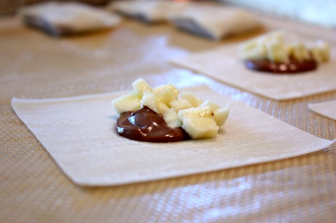 prepping banana wontons
