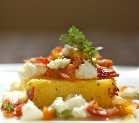 Goat Cheese Polenta with Caramelized Onions, Bacon, and Honey | daisysworld.net Goat Cheese Polenta with Caramelized Onions, Bacon, and Honey