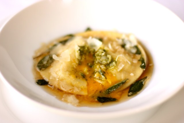 Egg Raviolo with Pesto and Brown Butter-Sage Sauce