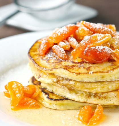 Orange Ricotta Pancakes with Kumquat and Candied Ginger Compote