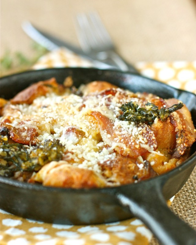 Parmesan Bread Pudding with Baby Broccoli, Mushrooms, and Pancetta