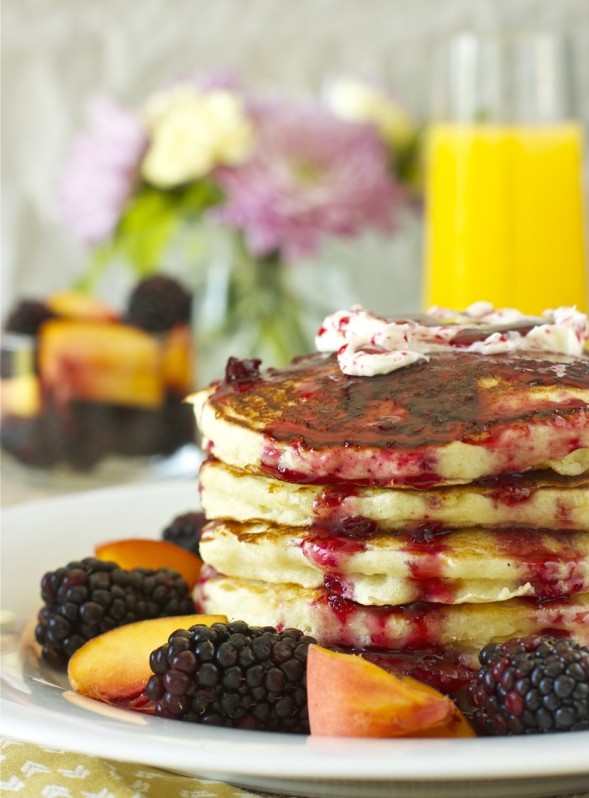 Orange Buttermilk Pancakes with Blackberry Maple Syrup